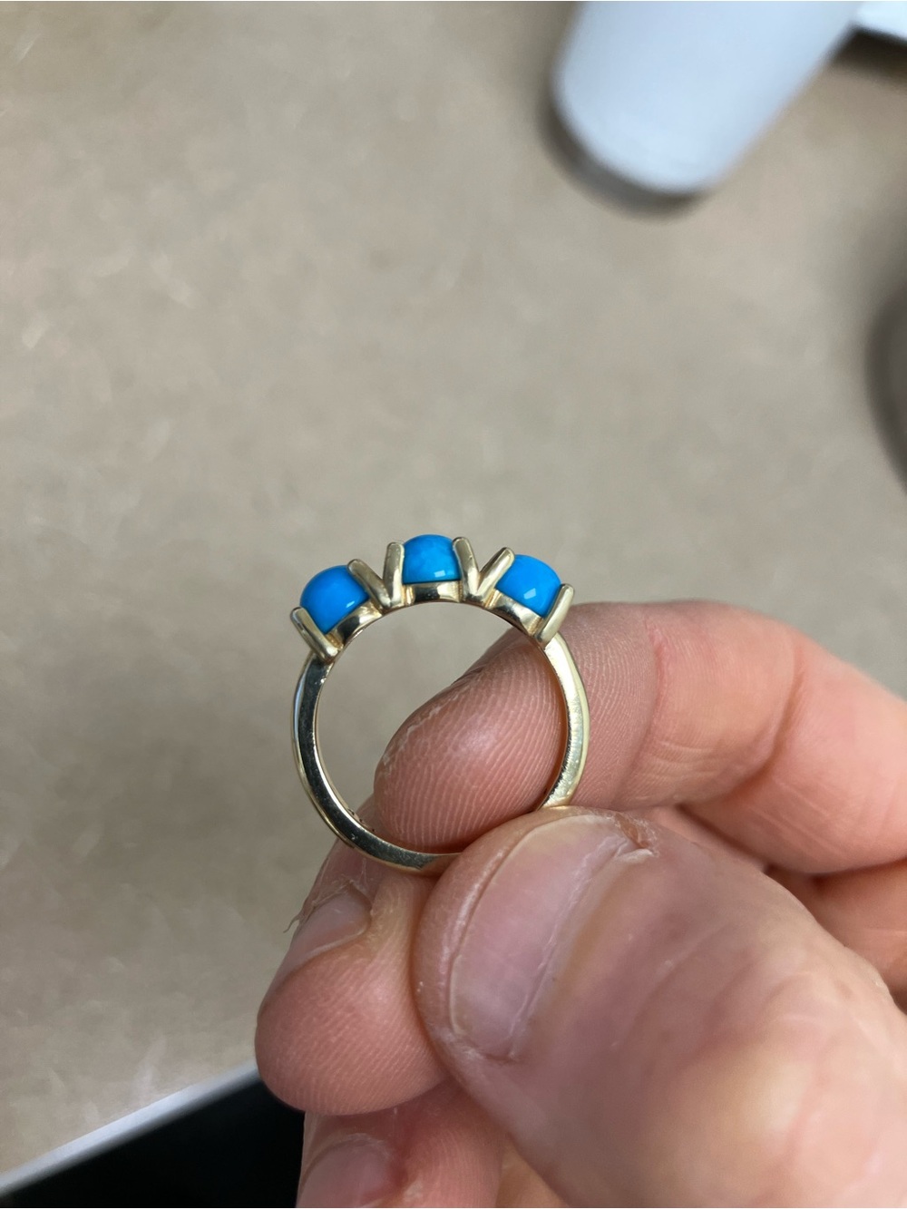 14k Gold Ring with Three Bright Sleeping Beauty Turquoise Stones - Picture 3 of 5
